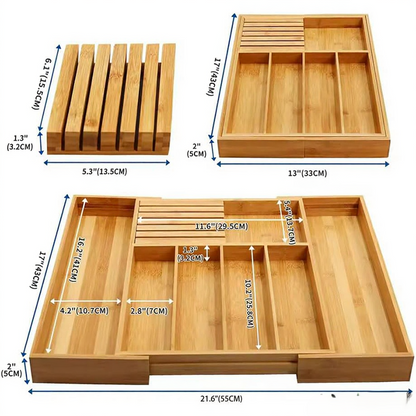 HAVEN'S Adjustable Bamboo Drawer Organizer Ideal For Cutlery, Stationary, Silverware.