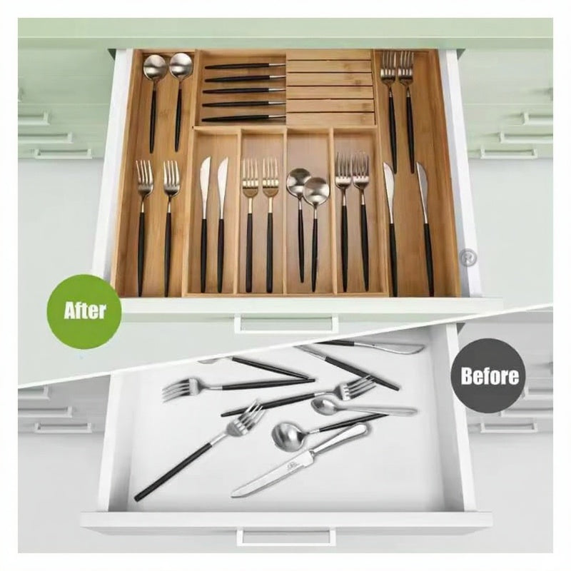 HAVEN'S Adjustable Bamboo Drawer Organizer Ideal For Cutlery, Stationary, Silverware.