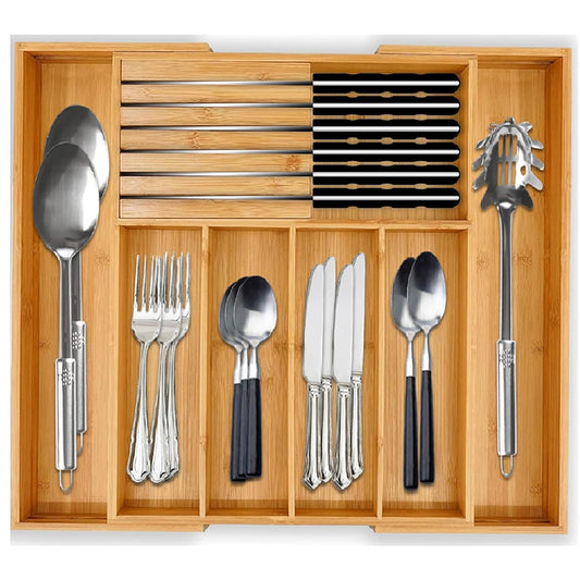 HAVEN'S Adjustable Bamboo Drawer Organizer Ideal For Cutlery, Stationary, Silverware.