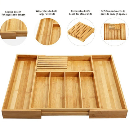 HAVEN'S Adjustable Bamboo Drawer Organizer Ideal For Cutlery, Stationary, Silverware.