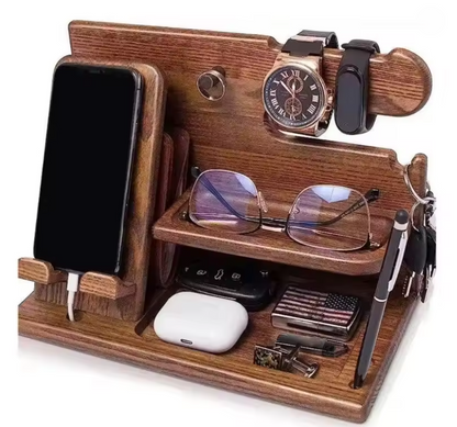 Haven's Signature Walnut Docking Station – Handcrafted Wood Organizer for Phone, Watch & Essentials.