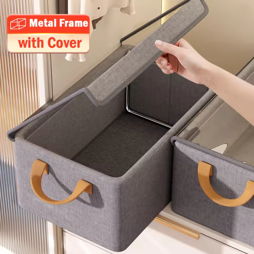 Haven's Luxury Fabric Clothes Storage Bins with Clear Top & Leather Handles – Foldable Wardrobe & Closet Organizers for a Neat, Stylish Home (30×24×17cm)
