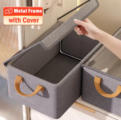 Haven's Luxury Fabric Clothes Storage Bins with Clear Top & Leather Handles – Foldable Wardrobe & Closet Organizers for a Neat, Stylish Home (30×24×17cm)