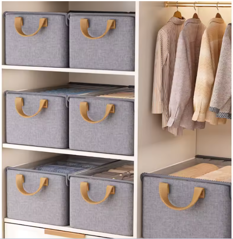 Haven's Luxury Fabric Clothes Storage Bins with Clear Top & Leather Handles – Foldable Wardrobe & Closet Organizers for a Neat, Stylish Home (30×24×17cm)