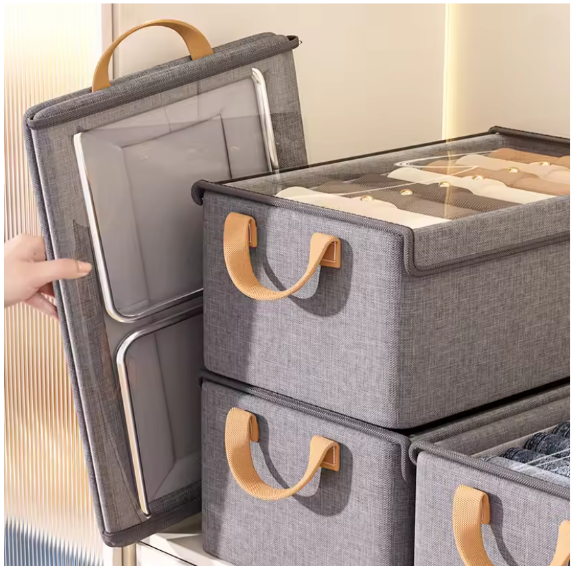 Haven's Luxury Fabric Clothes Storage Bins with Clear Top & Leather Handles – Foldable Wardrobe & Closet Organizers for a Neat, Stylish Home (30×24×17cm)