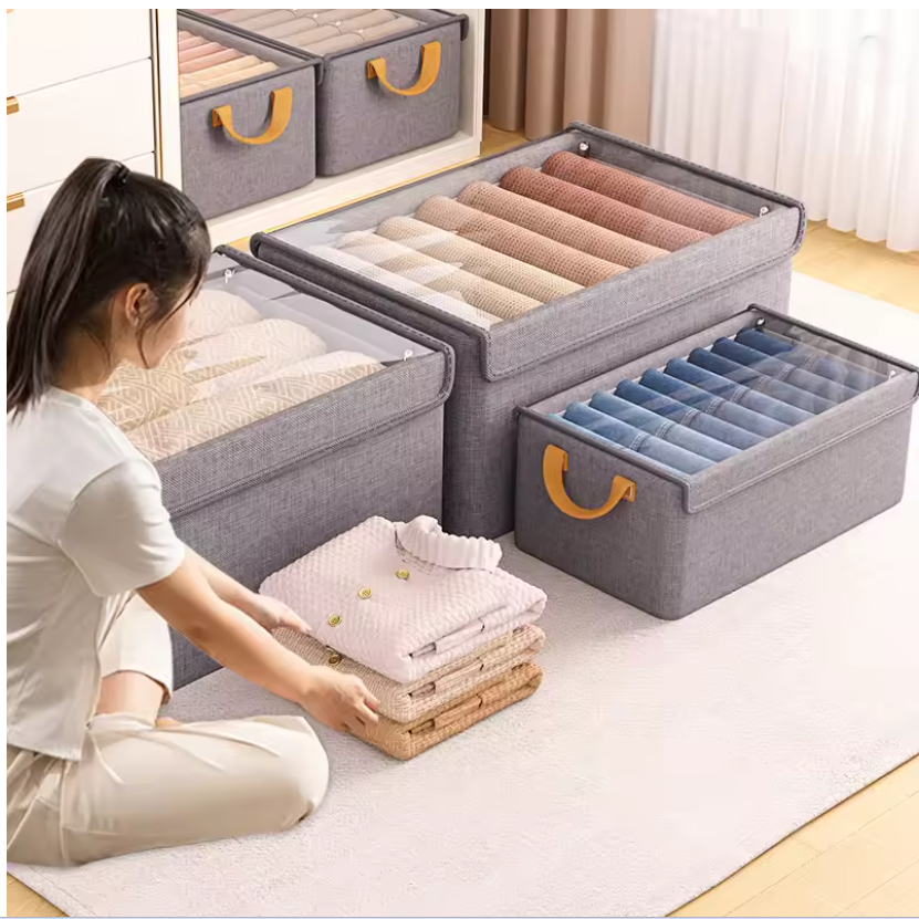 Haven's Luxury Fabric Clothes Storage Bins with Clear Top & Leather Handles – Foldable Wardrobe & Closet Organizers for a Neat, Stylish Home (30×24×17cm)