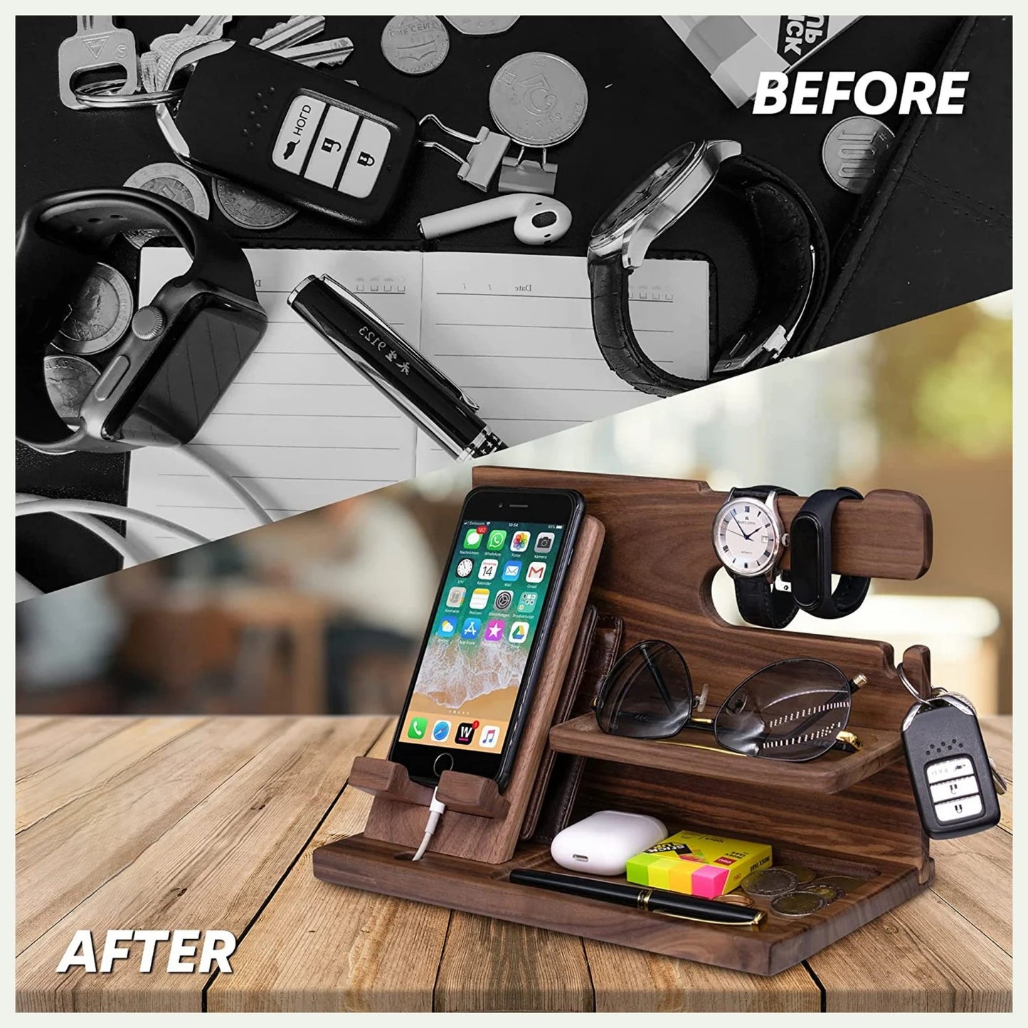 Haven's Signature Walnut Docking Station – Handcrafted Wood Organizer for Phone, Watch & Essentials.