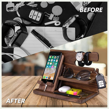Haven's Signature Walnut Docking Station – Handcrafted Wood Organizer for Phone, Watch & Essentials.