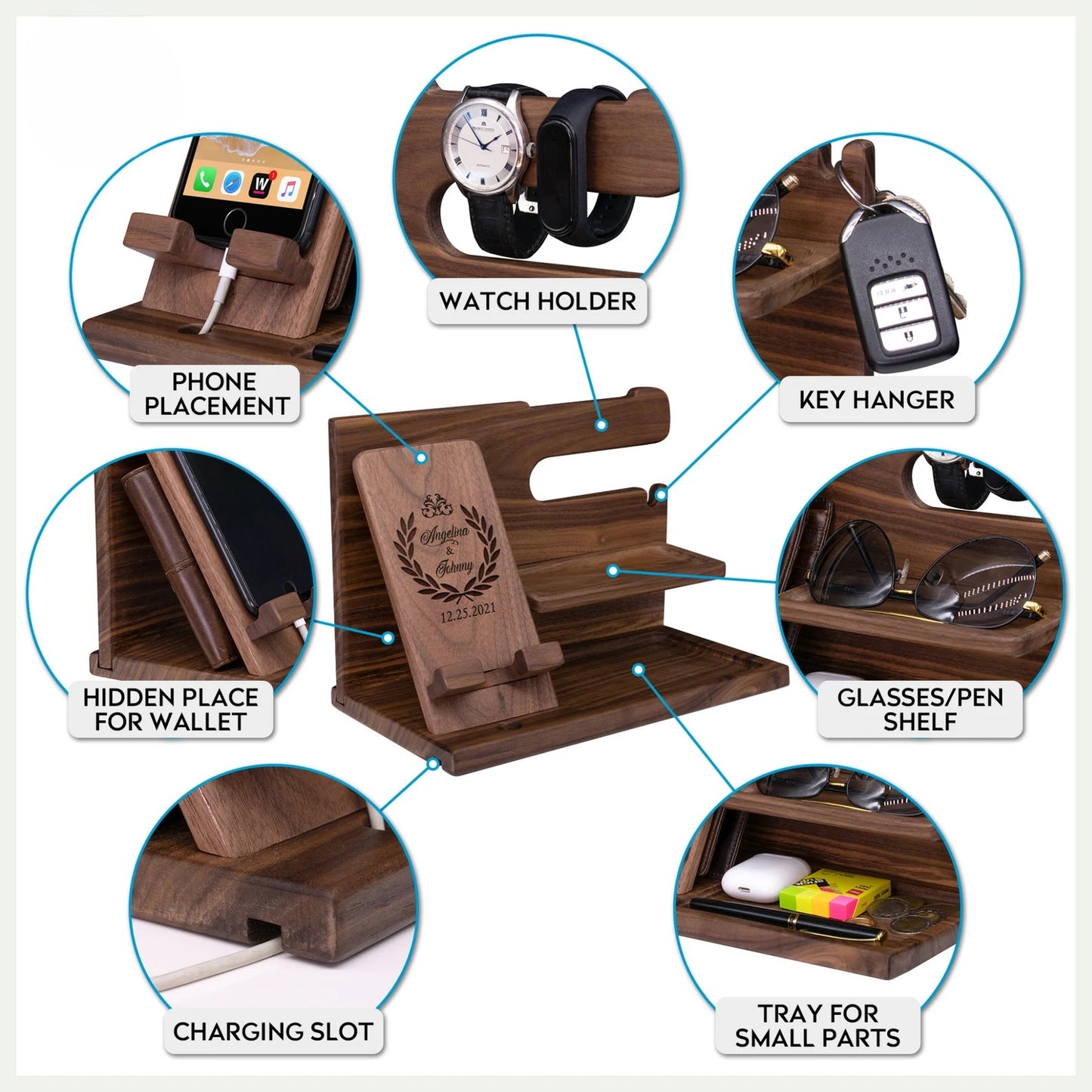 Haven's Signature Walnut Docking Station – Handcrafted Wood Organizer for Phone, Watch & Essentials.